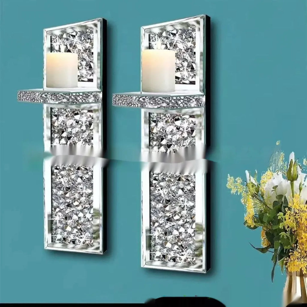 Silver mirror finish glass wall candlestick pair with modern design for living room decoration