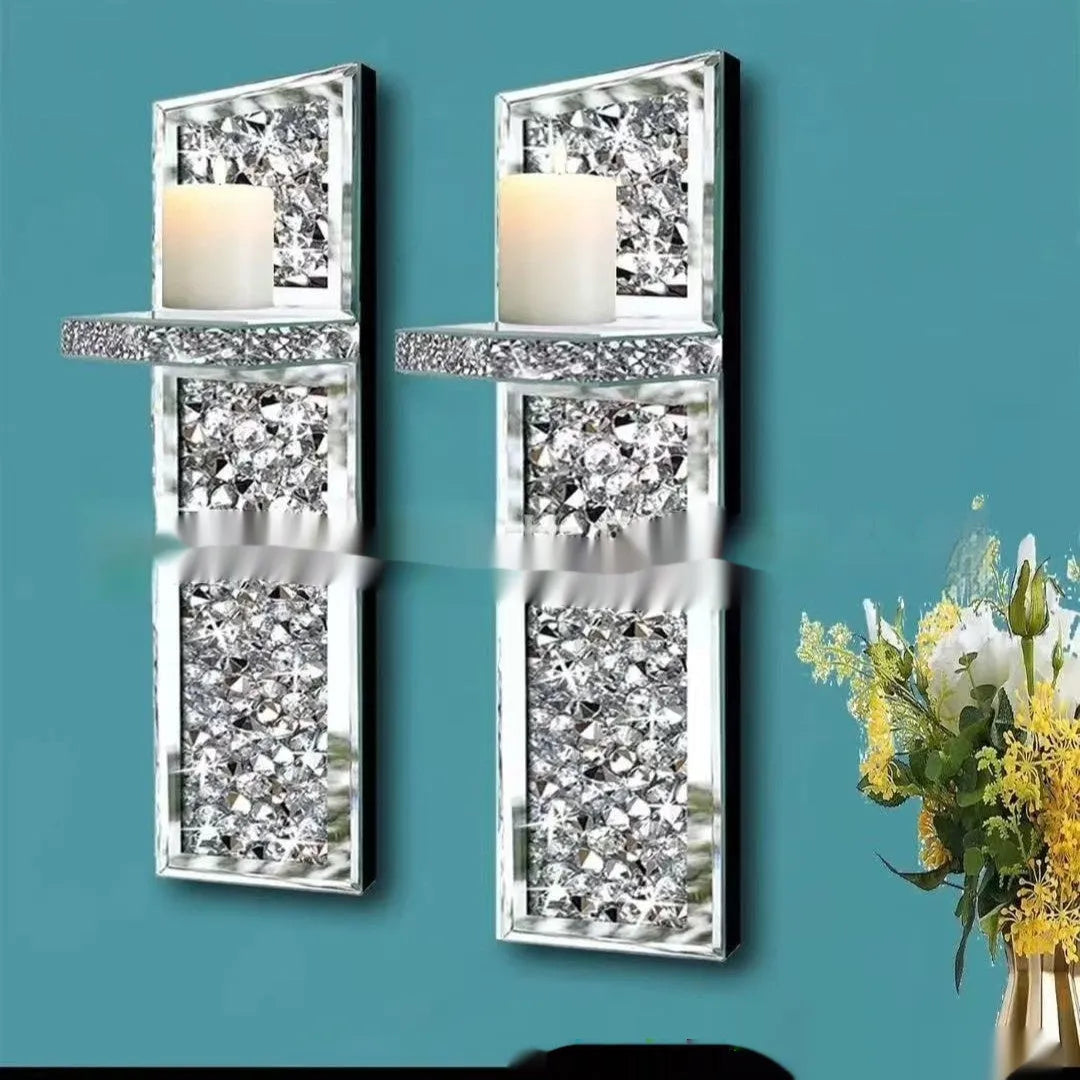Silver mirror finish glass wall candlestick pair with modern design for living room decoration