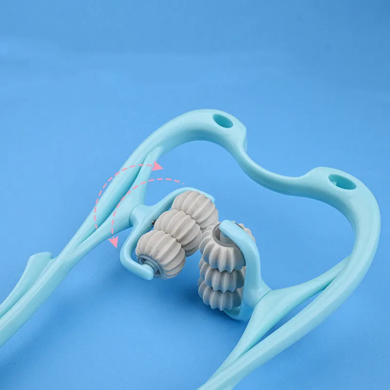 6-roller cervical neck massager in blue, ergonomic swan design, with 360° rotating massage balls and jade scraping board