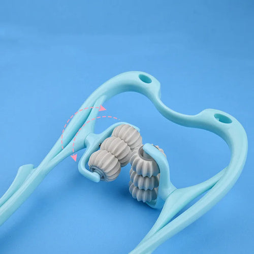 6-roller cervical neck massager in blue, ergonomic swan design, with 360° rotating massage balls and jade scraping board
