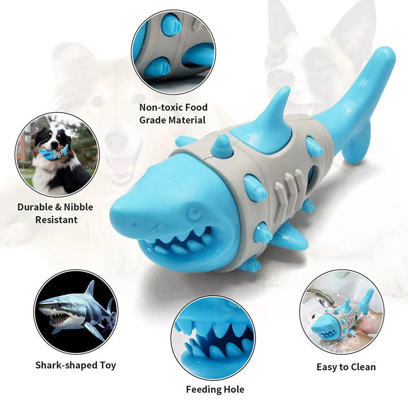 Blue silicone dog teething toy with shark-tooth texture and hollow centre for treats