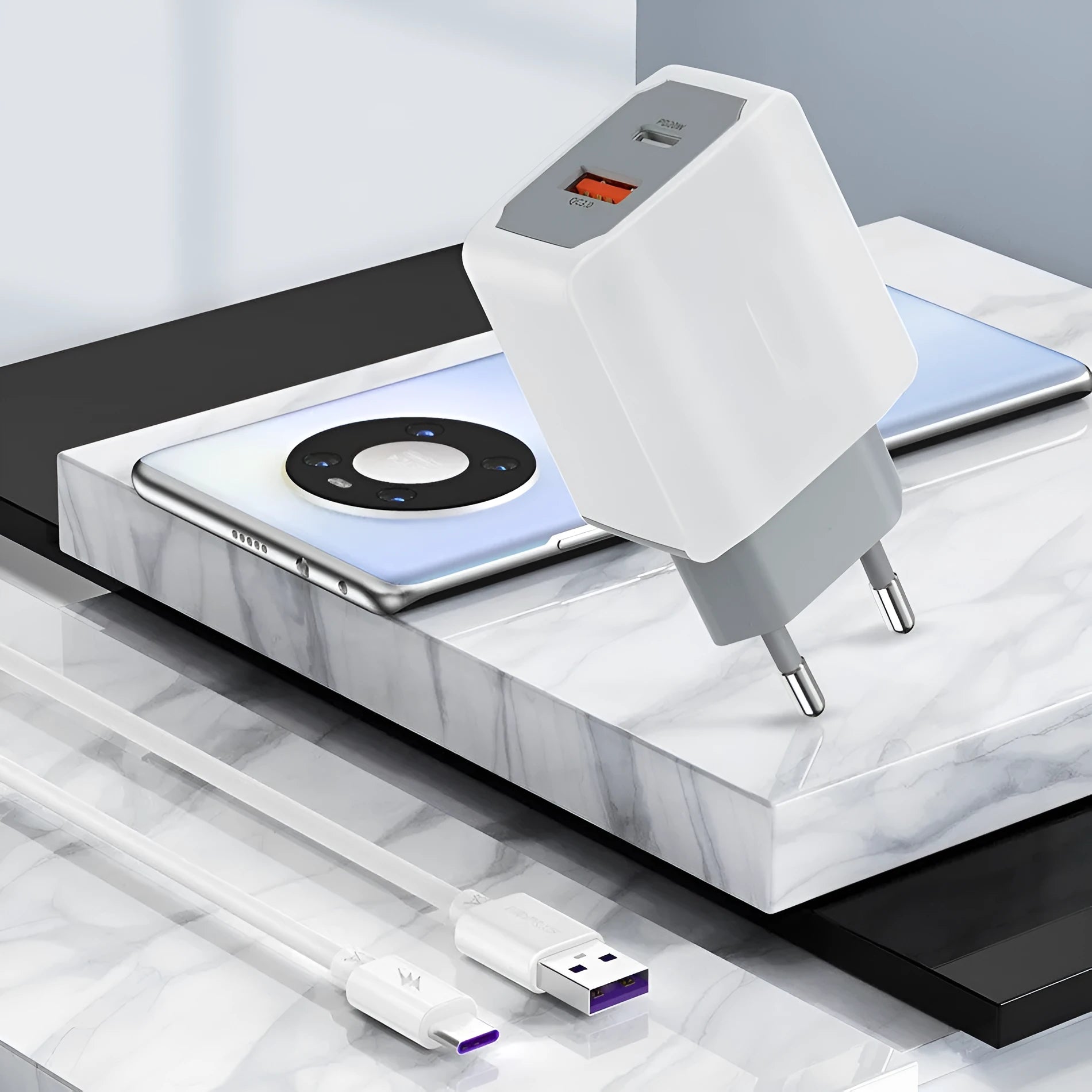 White European standard phone fast charger set with USB interface and fireproof ABS PC construction