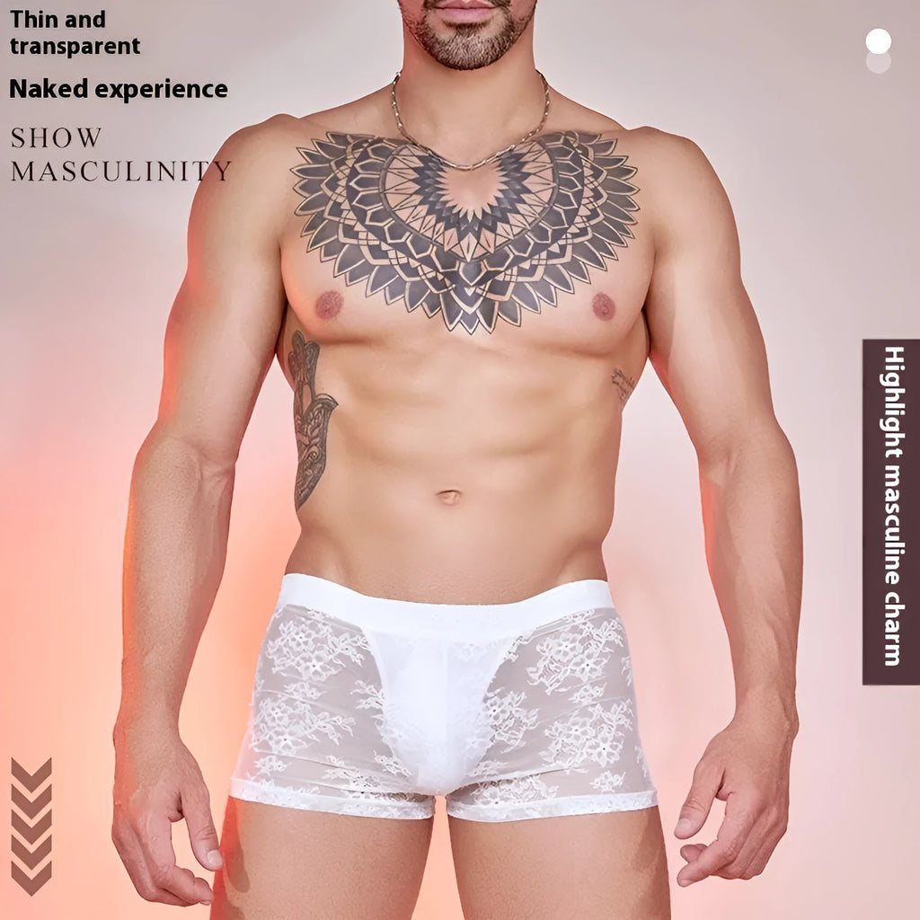 Men's lace trim boxers in black, white, and red colours made from nylon fabric