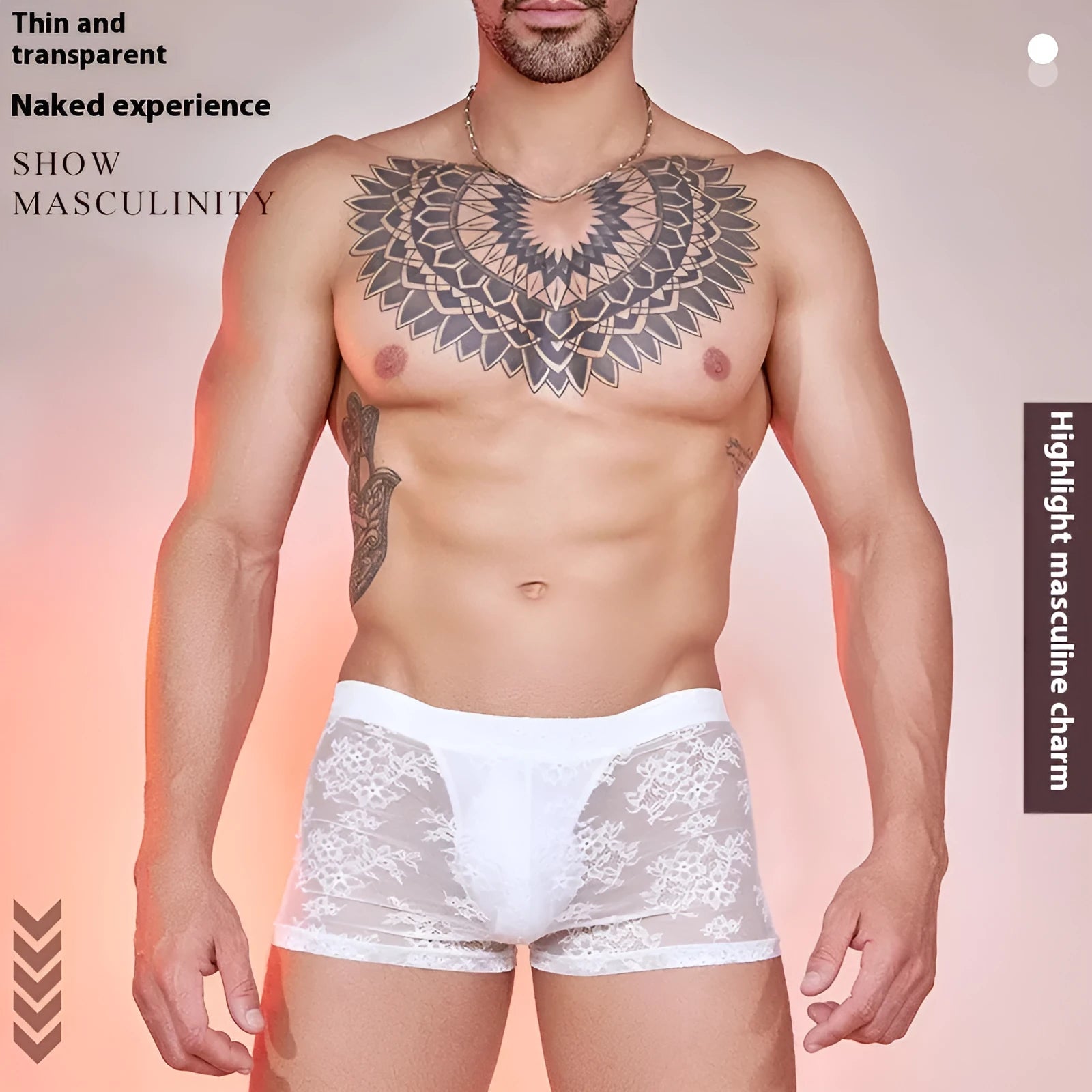 Men's lace trim boxers in black, white, and red colours made from nylon fabric