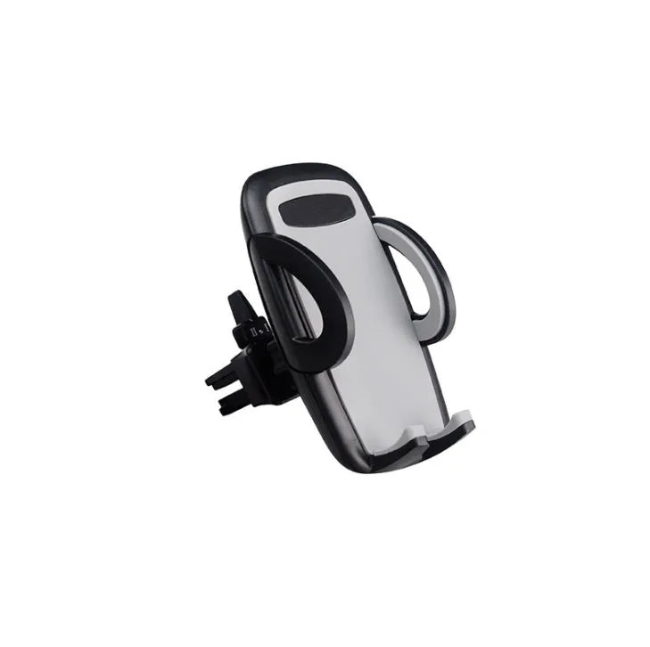 Black universal car mobile phone holder mounted on air conditioning outlet with smartphone secured