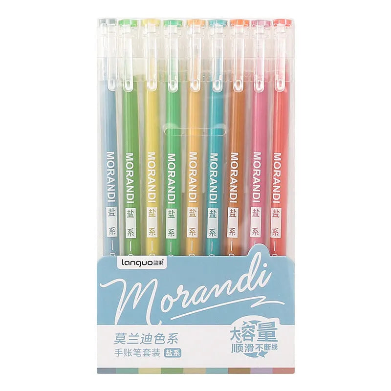 Set of nine retro Japanese colour gel pens with 0.5mm needle tips on white background