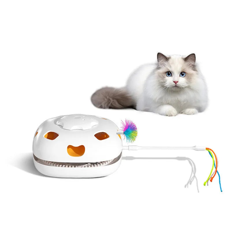 Colourful plastic cat toy with built-in teaser wand measuring 19.8 x 11.5 x 19.5cm