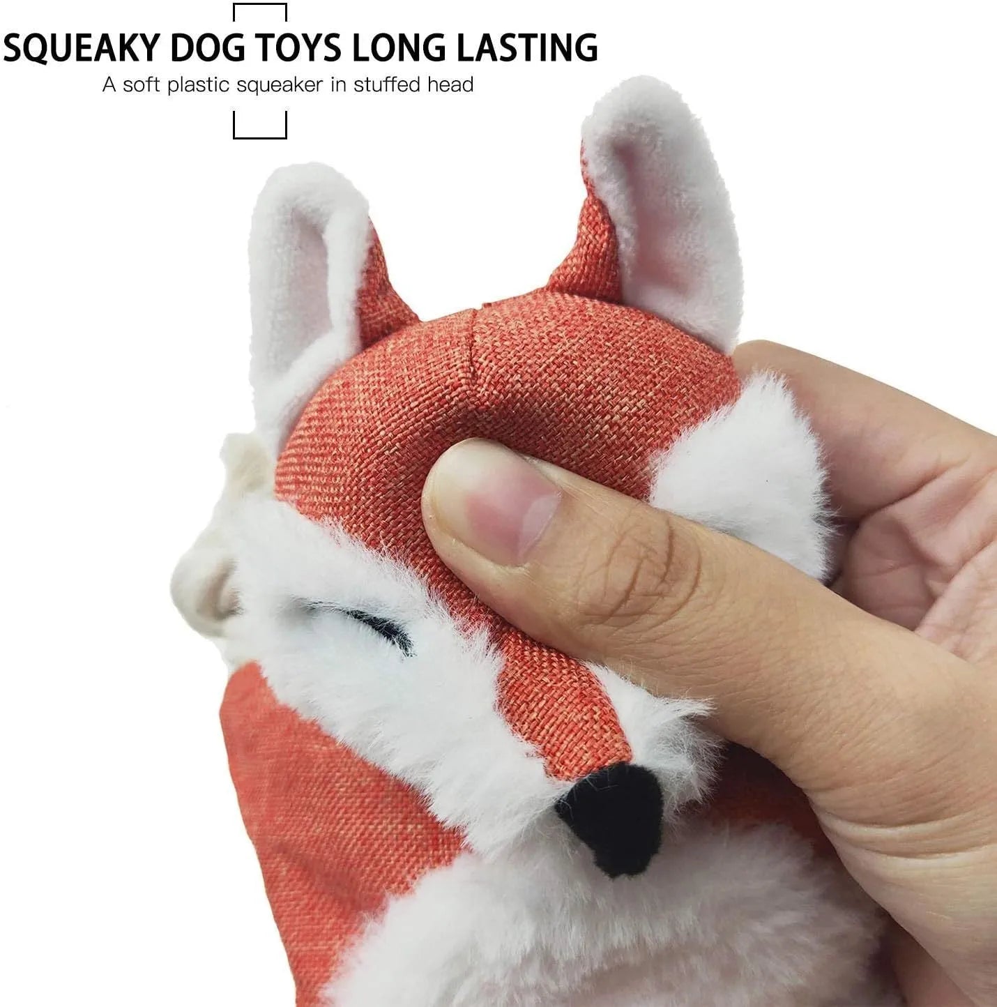 Brown fox-shaped dog toy with embroidered eyes, cotton rope limbs, and crinkle paper body