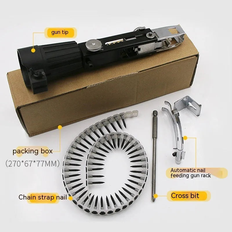 Metal chain screw gun head attachment for electric screwdrivers with cross head and gun rack