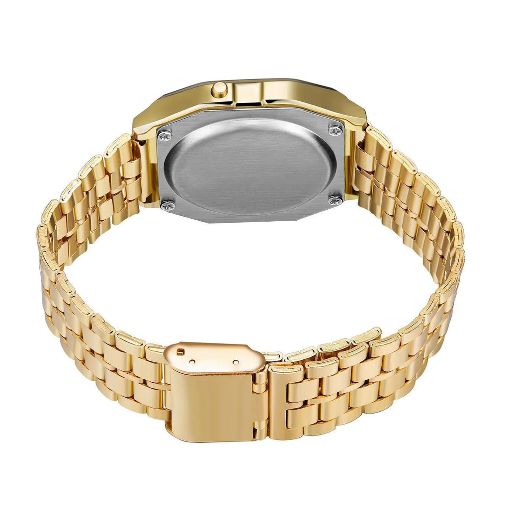 WR F91W steel band electronic watch with square dial and number display on stainless steel strap