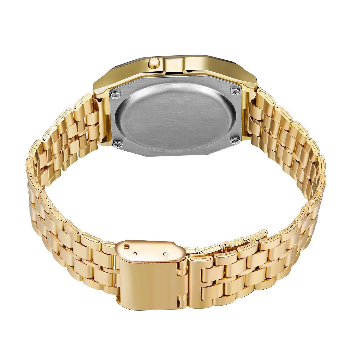 WR F91W steel band electronic watch with square dial and number display on stainless steel strap