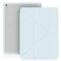 Slim imitation leather iPad case in dark grey with Y-fold bracket open and Apple Pencil in built-in slot.