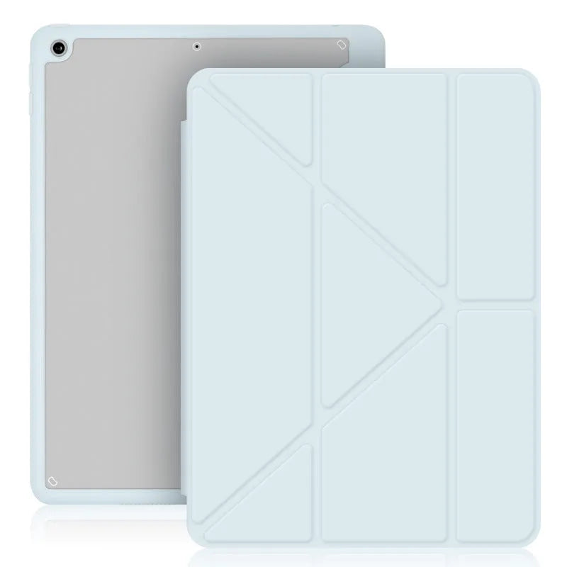 Slim imitation leather iPad case in dark grey with Y-fold bracket open and Apple Pencil in built-in slot.