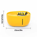 Yellow automatic cat water fountain with filtration system, water level window, and USB cable