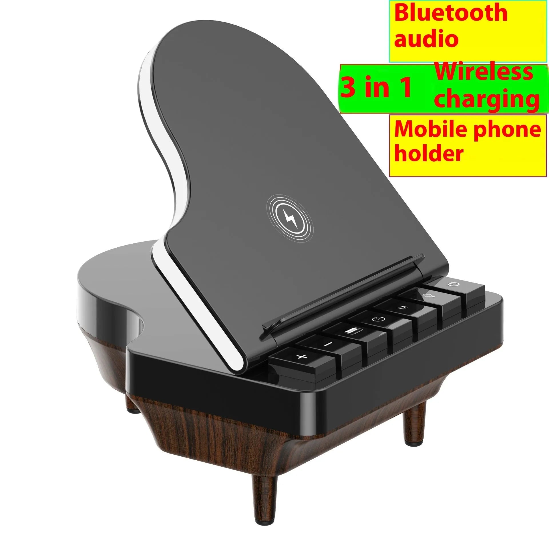 Black multi-function Bluetooth speaker with wireless charger and phone holder on a desk