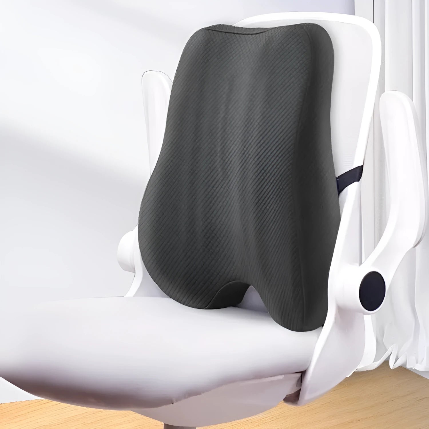 Gray lumbar support cushion for office chair, dimensions 40x40x8cm, shown on a desk chair.