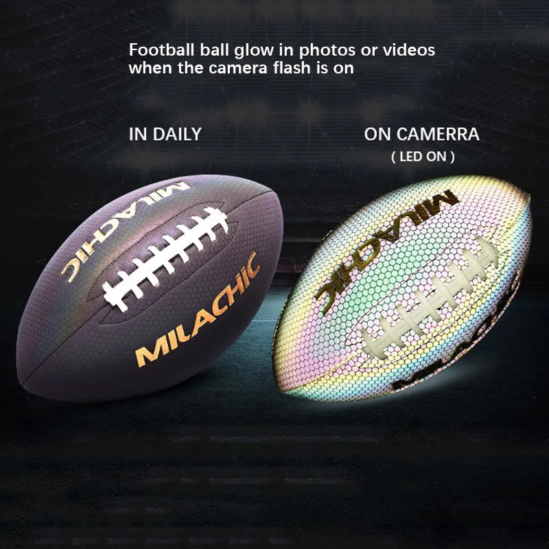 Luminous fluorescent reflective football PU fabric size 9 with machine stitching on grass