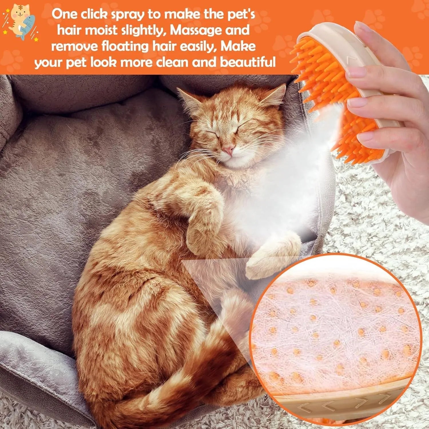 Yellow 4-in-1 USB rechargeable cat steam brush with silicone teeth, water tank, and ringworm detector lamp.