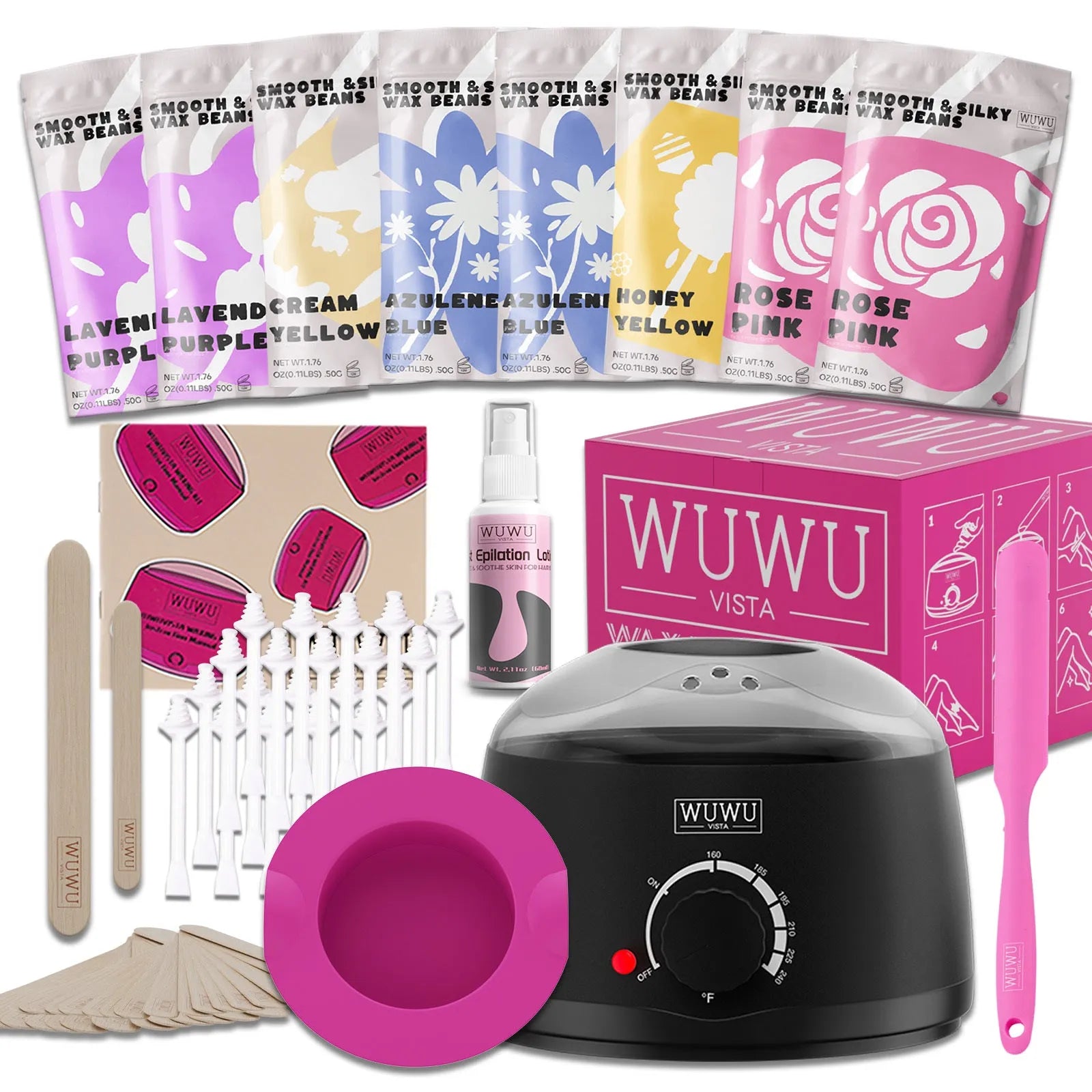 WUWUVISTA 63-piece waxing kit with black or pink wax warmer, wax beans, applicator sticks, and accessories