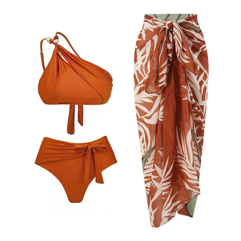 Women's high waist push up bikini swimsuit with chiffon dress in black, brown or green colour options