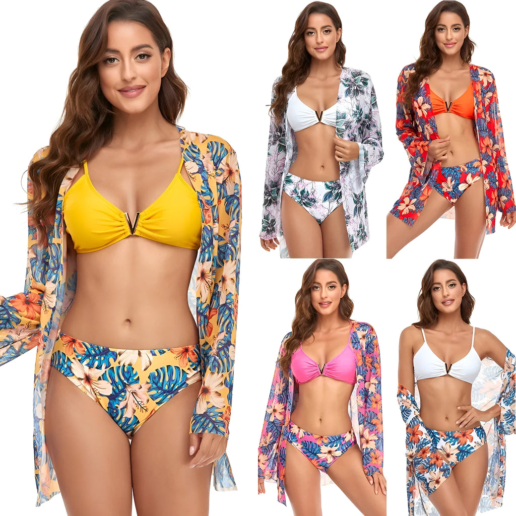 Women's three-piece triangle bikini set with V buckle and solid colour print in orange, polyester fabric