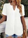 Women's white V-neck t-shirt with hollow-out detailing, loose fit casual style