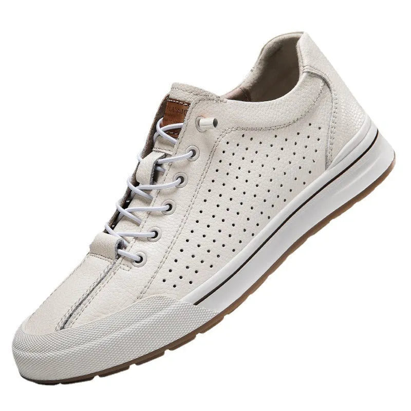 Men's matte leather casual shoes in white and black with 6CM flat heel and round toe design