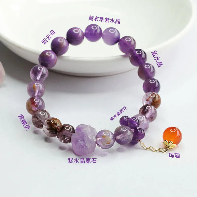 Natural nine purple amethyst crystal bracelet with red agate stones in mori style design