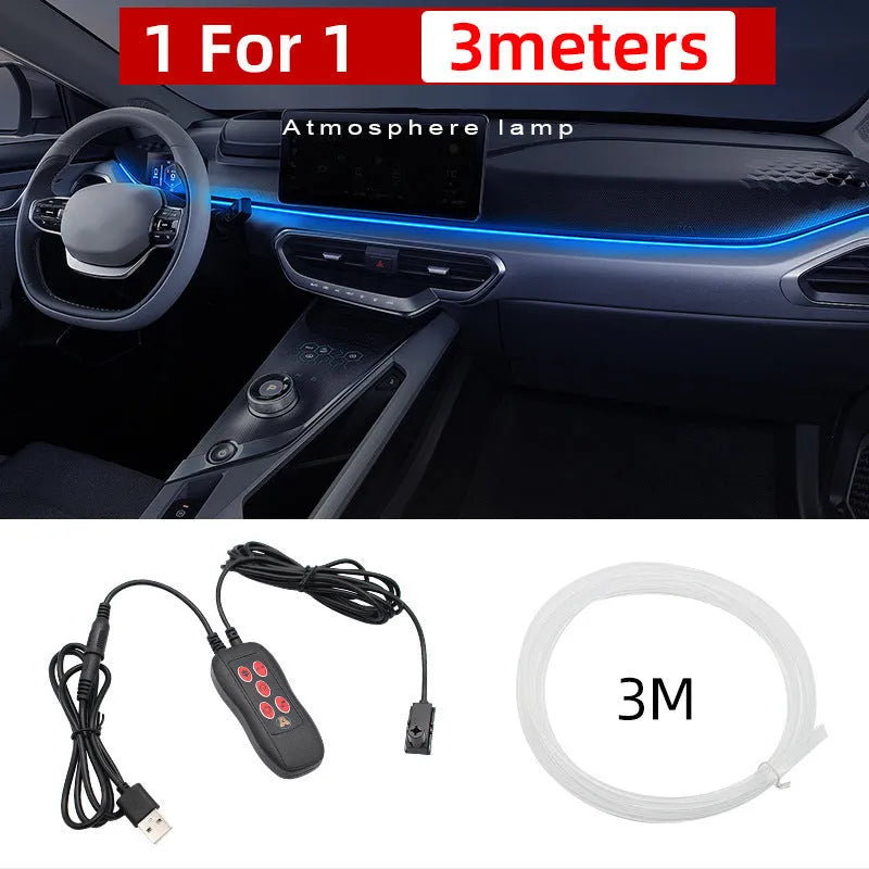 Car centre console LED ambient light bar with USB plug, multi-colour glow, 3m or 5m length button model