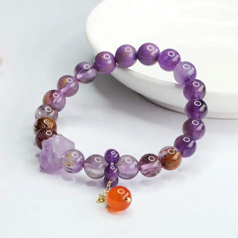 Natural nine purple amethyst crystal bracelet with red agate stones in mori style design