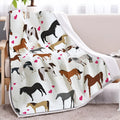White Sherpa fleece throw blanket with red heart and horse motif, 130x150cm or 150x200cm size for sofa or camping