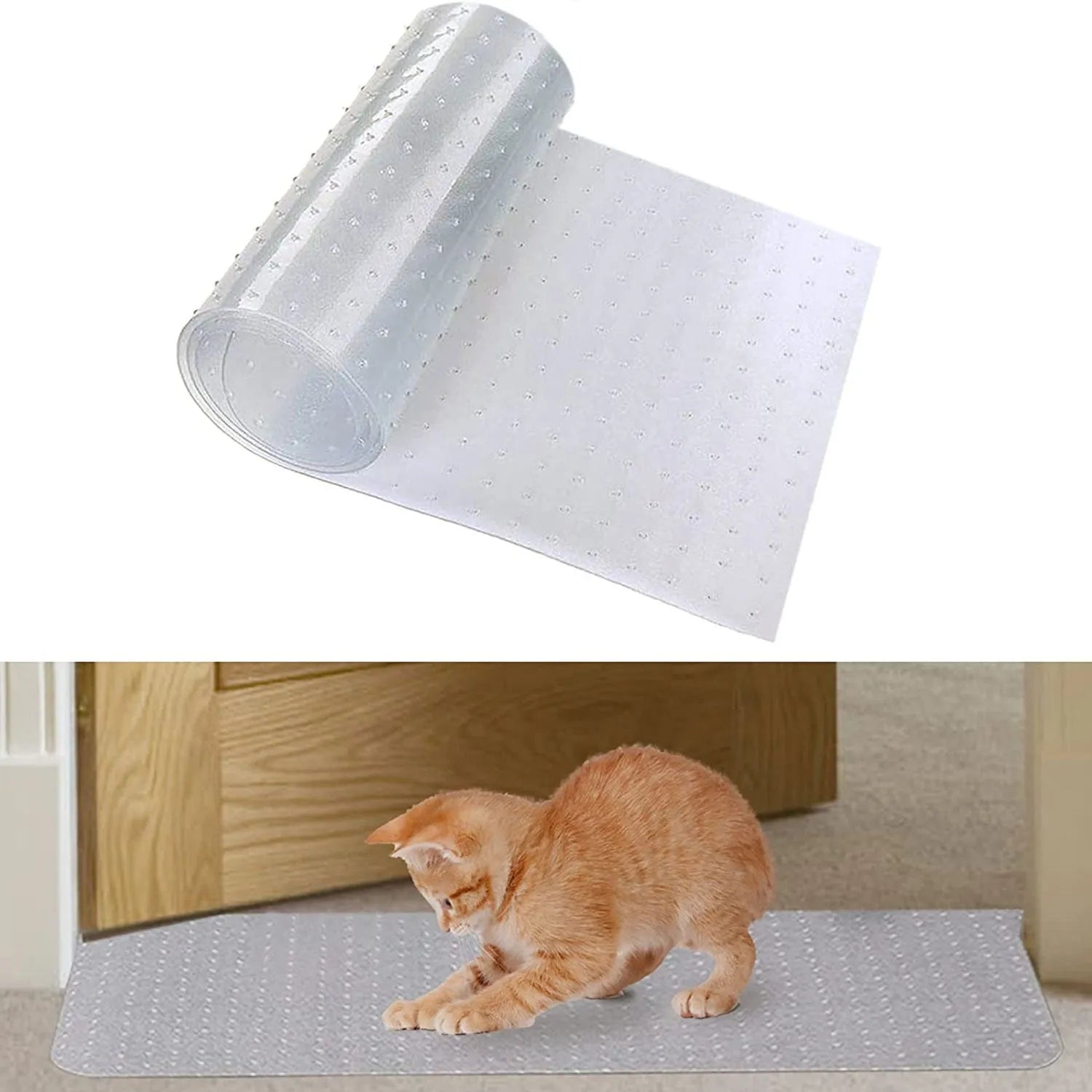 Transparent PVC cat scratch protective pad on a carpet at a door threshold, featuring anti-scratch wear-resistant surface