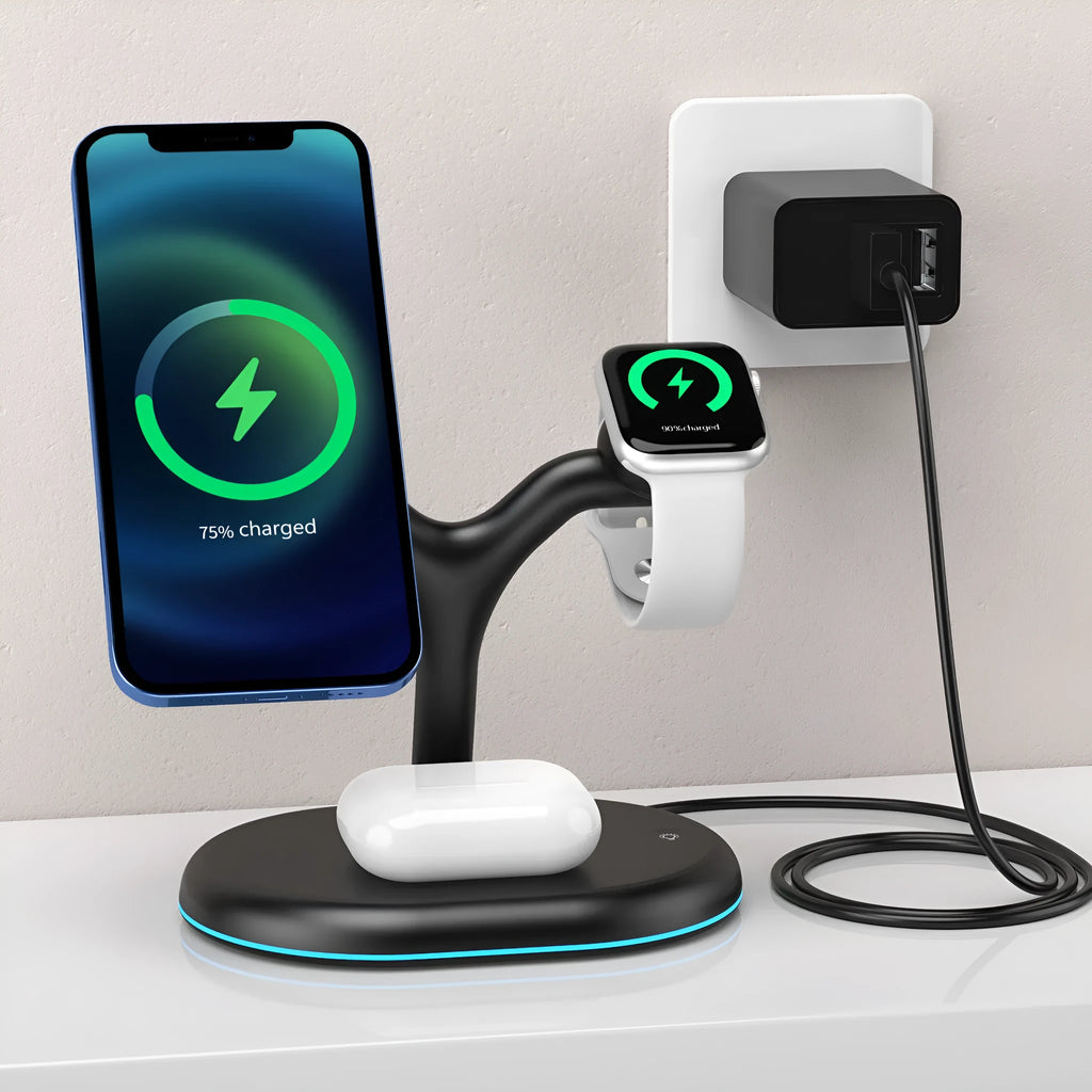 Black three-in-one magnetic wireless charger with ABS case on desktop