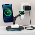 Black three-in-one magnetic wireless charger with ABS case on desktop