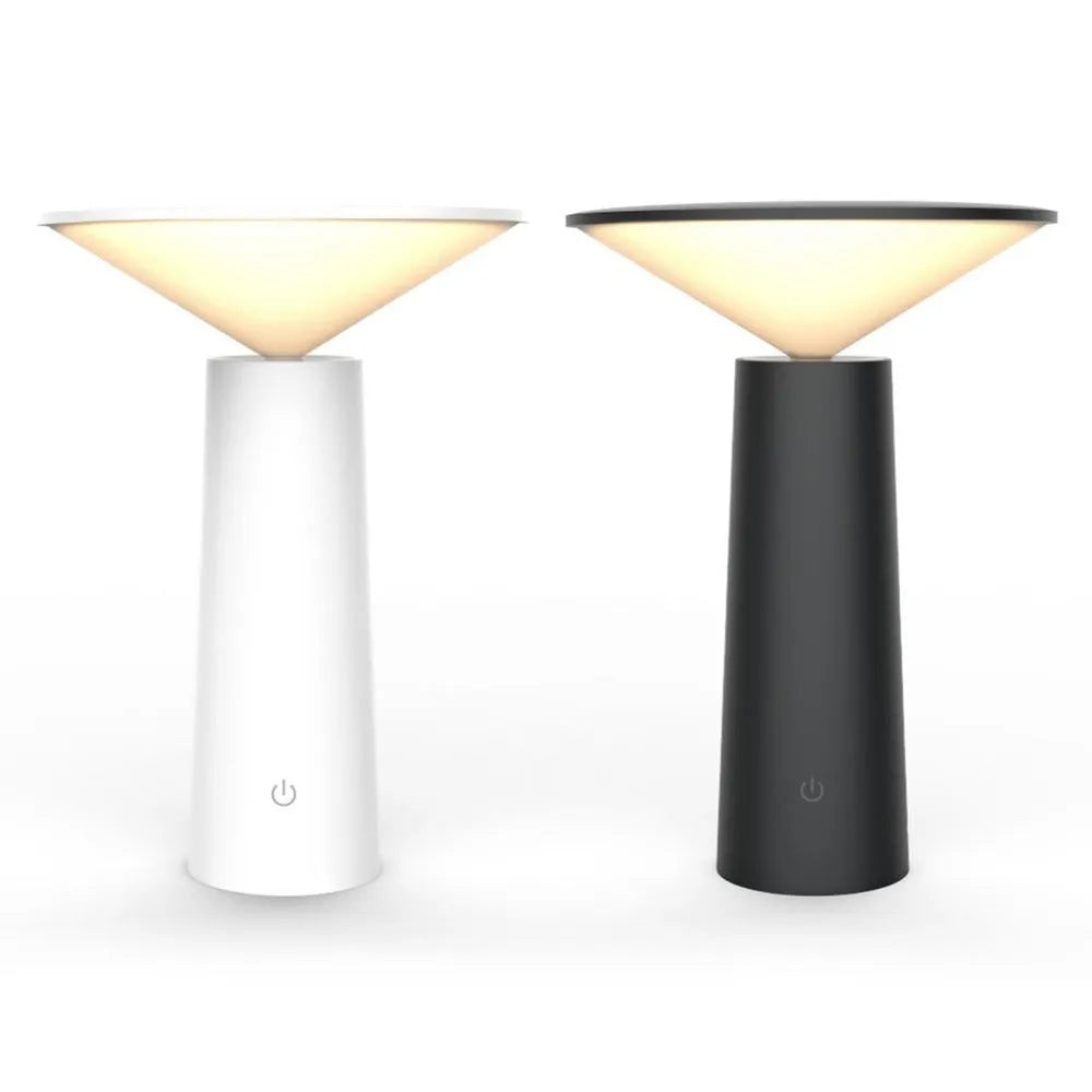 Black or white USB rechargeable table lamp with touch sensor and adjustable LED head.
