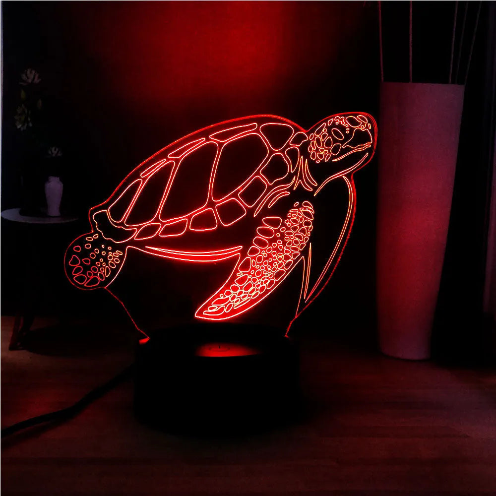 3D turtle-shaped LED night light with remote control showing sixteen colour options, made from translucent acrylic material