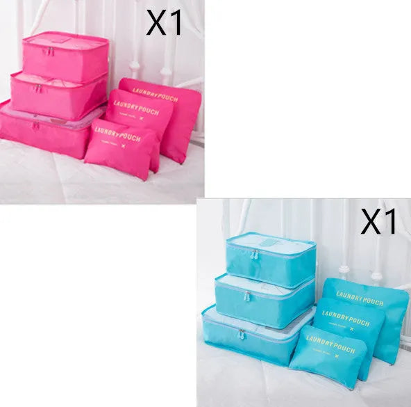 6 piece polyester travel storage bag set in hand bag type shape for clothes and cosmetic organisation, various colour options