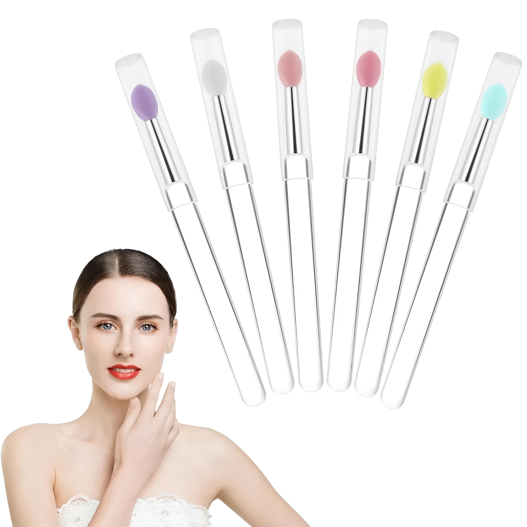 Reusable silicone lip brush with protective cap in one of eight colours: blue, pink, purple, red, rose red, skin colour, white, or yellow.