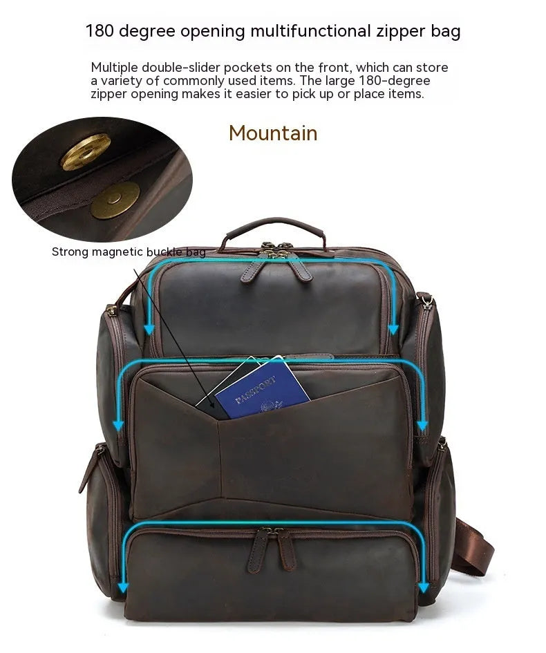Dark brown retro crazy horse leather men's backpack with a 17-inch laptop compartment and double straps.