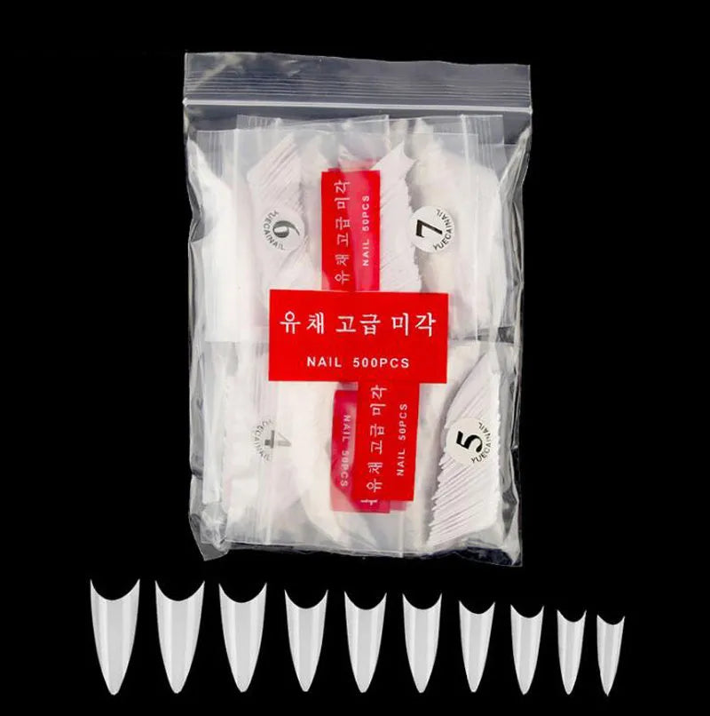 500 natural fake nail tips ABS half-tip pointed shape 10 sizes 7-13mm width