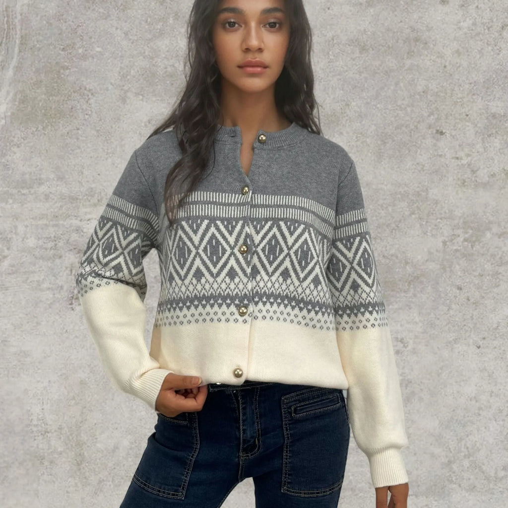 Women's alpaca wool cardigan with contrast colour diamond pattern showing long sleeves and street fashion styling