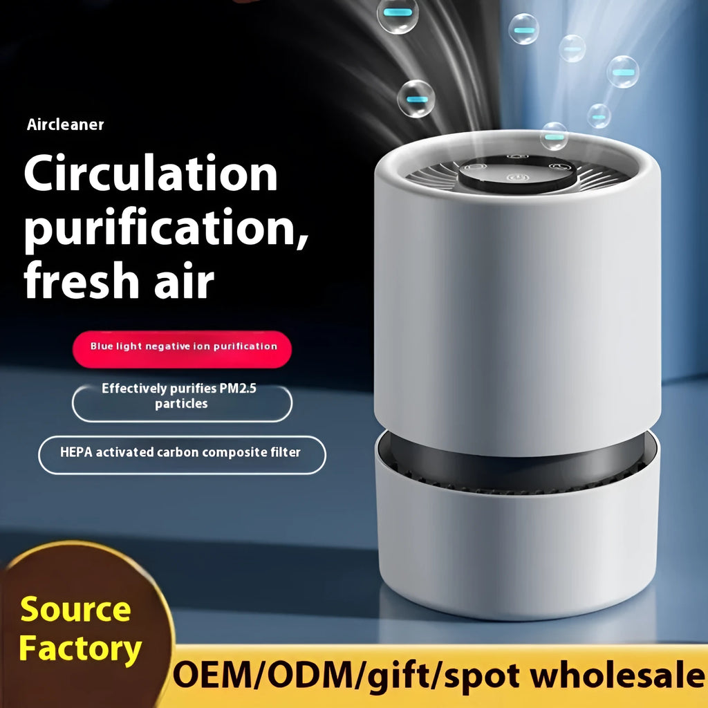 White simple style desktop air purifier with USB cable for small rooms.