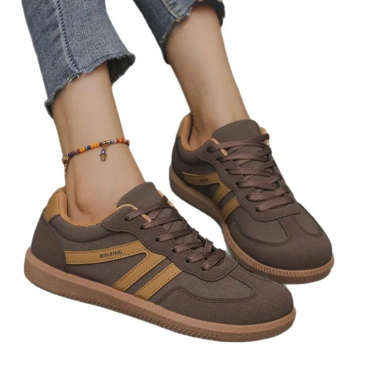Plus size retro lace-up sneakers in wine red with flat heel and artificial PU upper