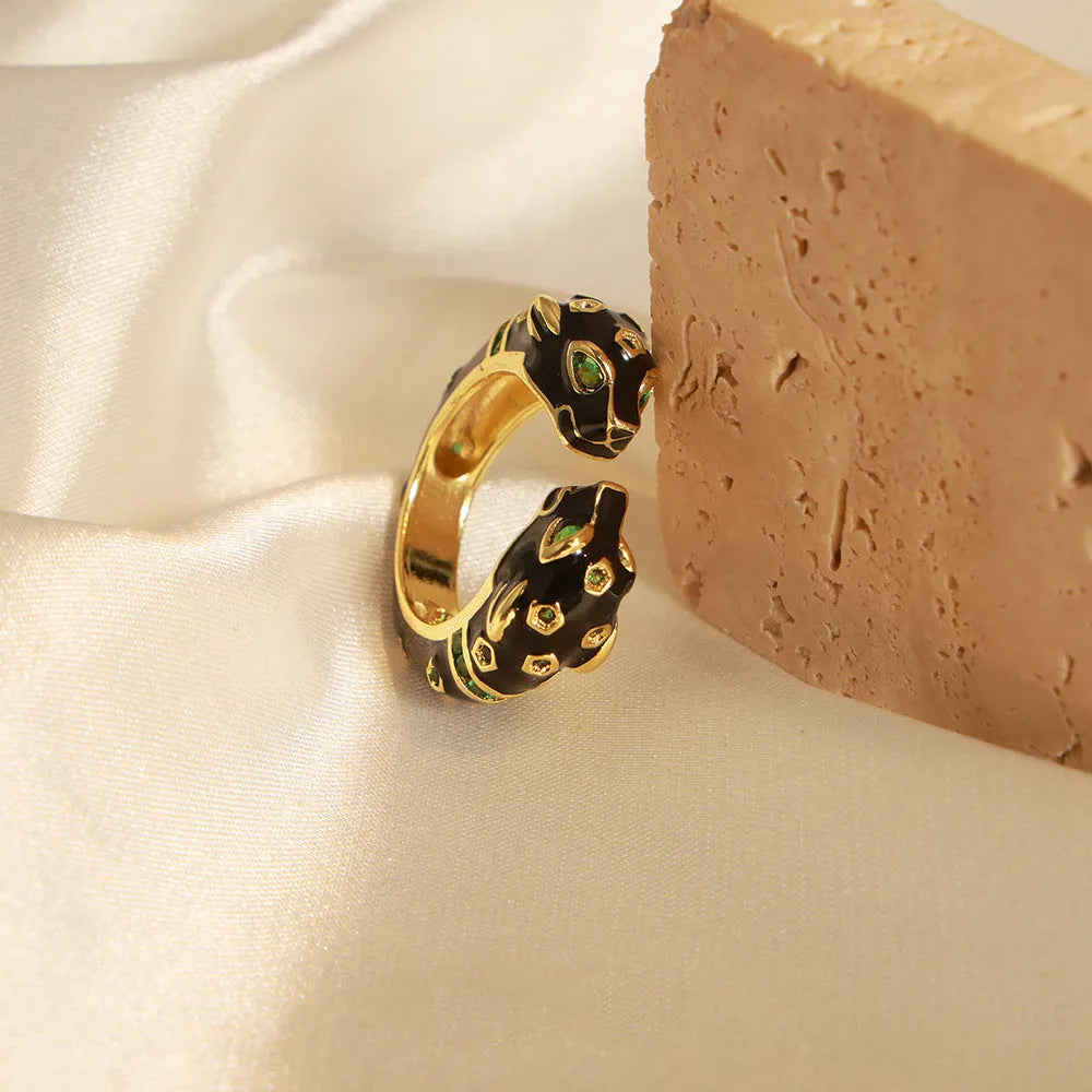 Copper women's open ring with black cheetah pattern geometric design size No.7