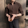 Men's dark stripes V-neck long sleeve casual shirt in polyester blend fabric