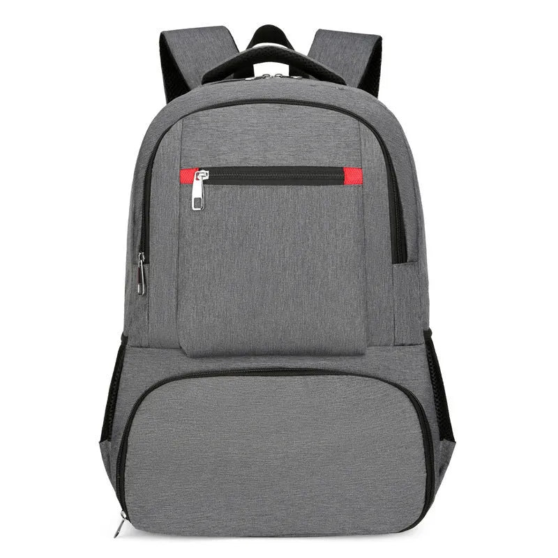 Light grey insulated Oxford cloth backpack with curved shoulder straps, showing dry wet separation compartments.