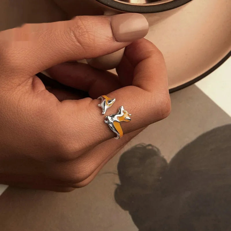 Silver-coloured cartoon Corgi ring with adjustable band