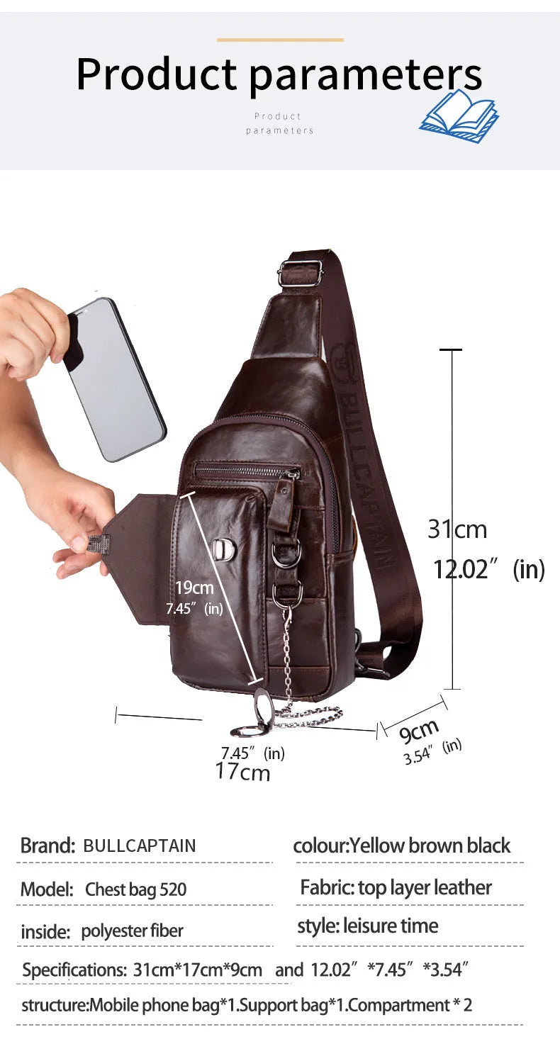 Genuine leather mens medium chest shoulder messenger bag in brown, vertical square shape with magnetic buckle, side view