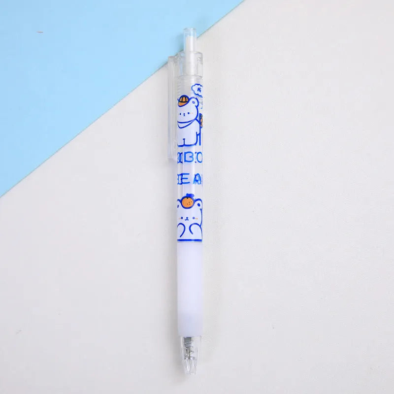 Set of six cute bear and bunny themed press pen knives on a white background.