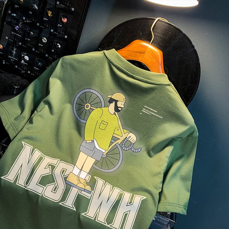 Green men's printed loose fit t-shirt with short sleeves shown on Asian sizing chart